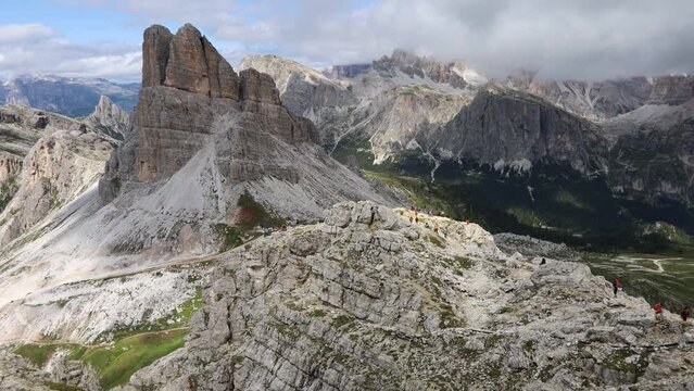 Forcella Nuvolau and Rifugio Averau (refuge), the path to the Cinque Torri. Nuvolau, Dolomites Alps, Italy