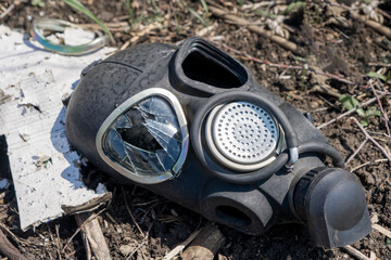 War Ukraine. Broken gas mask of Russian terrorists. Killed soldier in Ukraine.