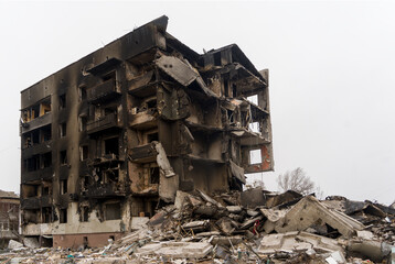 Destroyed cities of Ukraine. War of Russia against Ukraine. A burnt house after being hit by a...