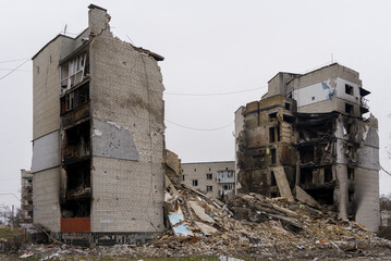 Destroyed cities of Ukraine. War of Russia against Ukraine. A burnt house after being hit by a shell and a rocket.