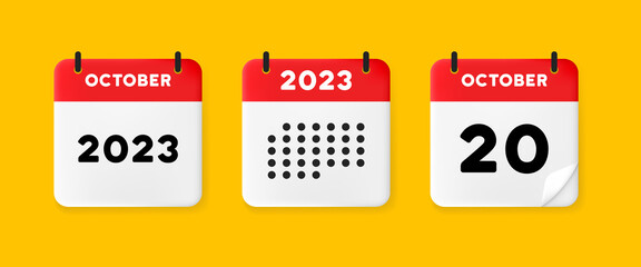 Calendar set icon. Calendar on a yellow background with twenty october, 2023, 20 number text. Reminder. Date management concept. Vector line icon for Business and Advertising © Coosh448