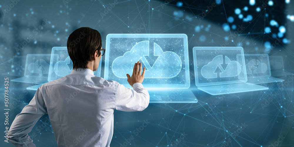 Poster attractive young caucasian businessman with abstract polygonal digital laptop with cloud computing h