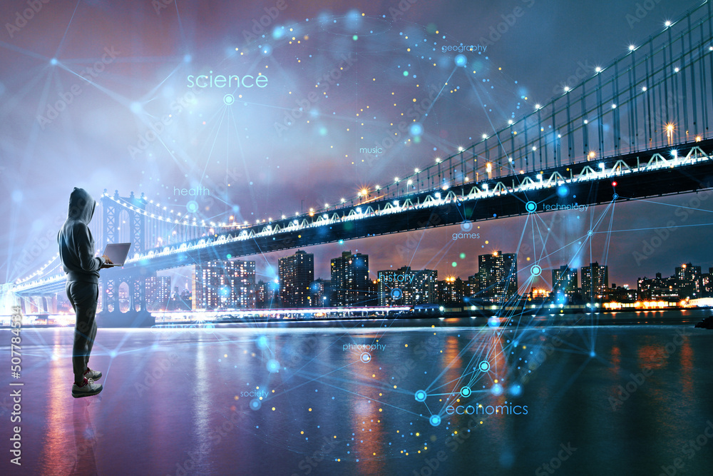 Poster hacker with laptop standing on abstract waterfront night city background with glowing polygonal glob