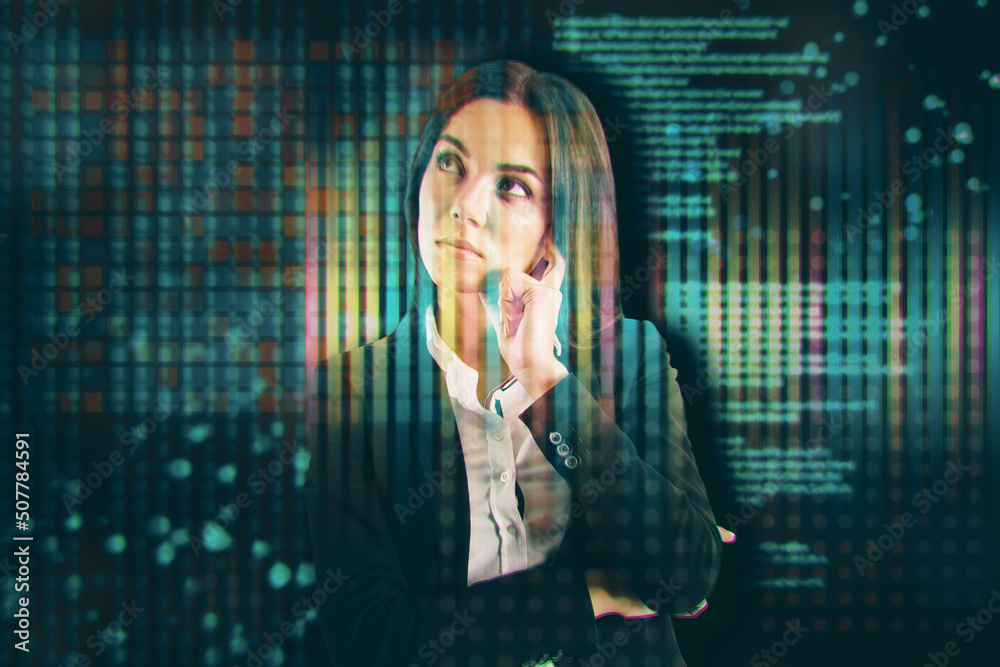 Aufkleber Attractive young european businesswoman standing on abstract glitching background with coding and tech information. Database, html language and science concept. Double exposure.
