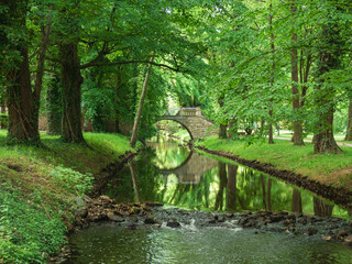 Park dworski w mieście Iłowa w Polsce. Płynąca leniwie przez park rzeka. Nad rzeką zabytkowy, kamienny mostek. Na brzegu zielona trawa, wokół drzewa.