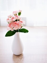 Pink white pastel Dianthus Carnation flowers in vase on table, Clove pink ,still life for background or wallpaper for text letter ,mother's day ,women's day ,soft color romantic love tone ,copy space 