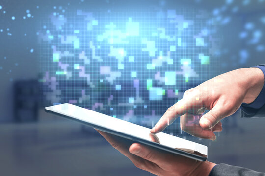 Close up of hand pointing at smartphone with digital metaverse pixel hologram on blurry background. Cyberspace concept. Double exposure. - Powered by Adobe