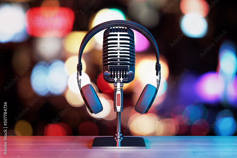 Poster Close up of silver mic and headset on blurry lights bokeh background. Podcast and information concept. 3D Rendering.