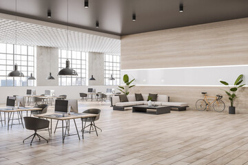 Modern tile office lounge interior with window and city view, couch and other objects. 3D Rendering.