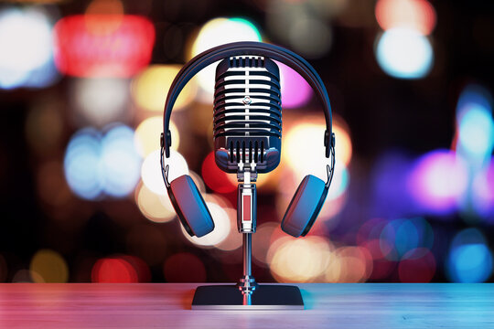 Close up of silver mic and headset on blurry lights bokeh background. Podcast and information concept. 3D Rendering.