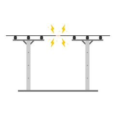 Broken electric wire of high voltage pole is damaged and short circuit spark cause danger electrocution risk on white background flat vector design.