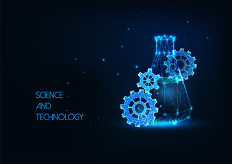 Obraz na płótnie Canvas Futuristic science and technology research concept with glowing laboratory beaker and gears