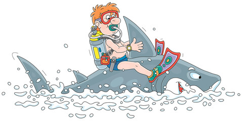 Funny scuba diver with a mask, flippers and an aqualung riding a merry great white shark in a tropical sea on summer vacation, vector cartoon illustration isolated on a white background © Alexey Bannykh