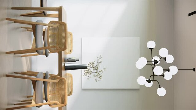 4K 3d rendering wooden dining table and wooden chairs and black picture frame minimal japandi style animation video scene in vertical.