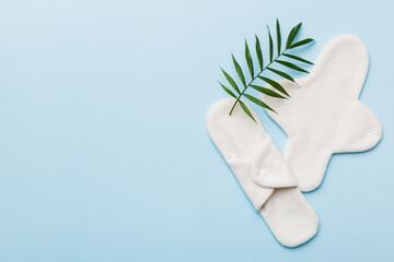 lean feminine sanitary napkin with green leaf. Absence of menstruation in woman. Minimal concept of female menopause. Copy space top view © sosiukin