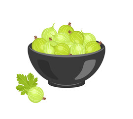 Gooseberry in black bowl isolated on white. Vector flat icon of fresh ripe berries.