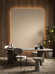 Interior with wall panel with backlight, dinner table and decor. 3d render illustration mockup.