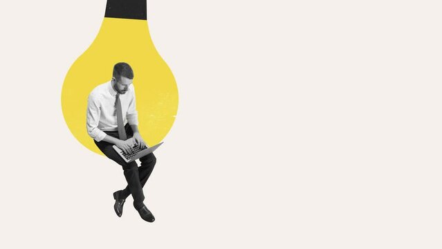 Young manager, finance analyst or clerk working at office isolated on light background. Collage. Stop motion and 2D animation