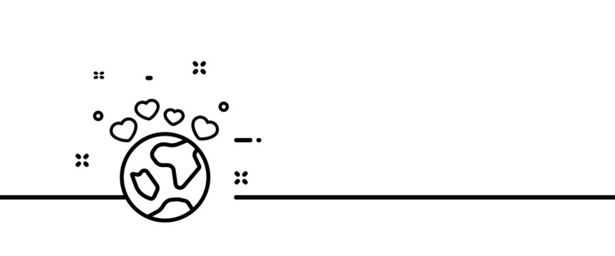 Planet with hearts line icon. Kind, love, friendship, calm, friend, feelings, relationship. Kindness concept. One line style. Vector line icon for Business and Advertising