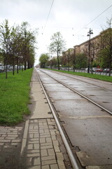 Fototapeta premium tram tracks on the avenue in the city in spring