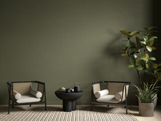 Green interior with armchairs and decor. 3d render illustration mockup. © YKvisual