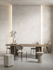 Interior with stone panel, backlight and dinner table. 3d render illustration mockup.