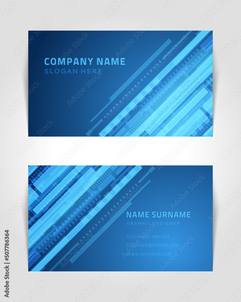 Wall mural abstract business card with linear shapes and dots vector banner. techno blue stripes template with 