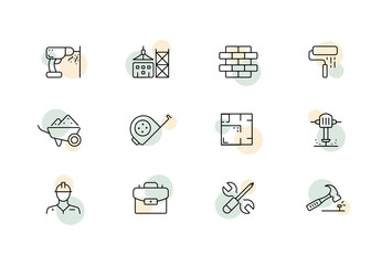 Builders tools set icon. Hammer, nail, screwdriver, key, briefcase, drill, house plan, tape measure, trolley, wall, brick, drill. Construction concept. Vector line icon for Business and Advertising