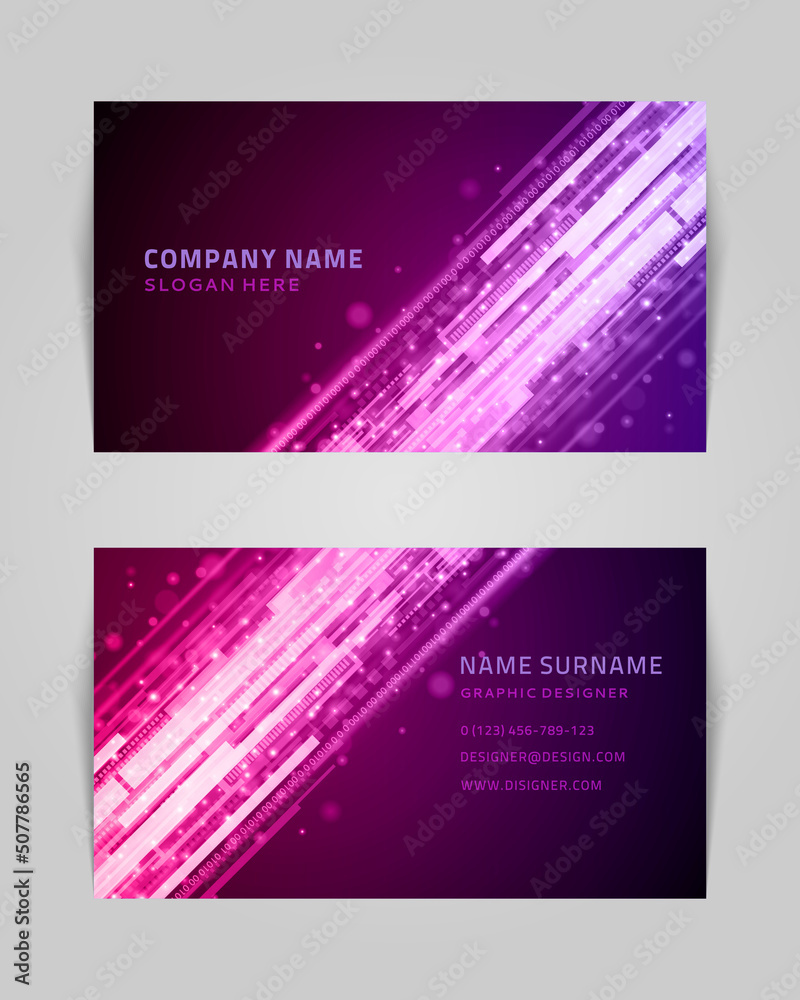 Wall mural abstract business card with linear shapes and dots vector banner. techno purple stripes template wit