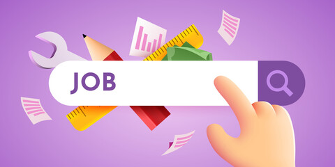 Cartoon hand looking for a job using Internet.