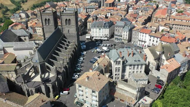 Scenic view from drone of historic district of Saintes town overlooking Flamboyant Gothic cathedral of St. Peter in summer, France