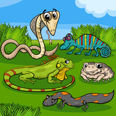 Fototapeta premium cartoon reptiles and amphibians animal characters group