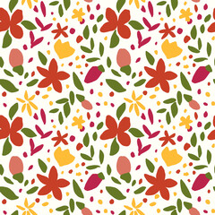 Floral seamless pattern on ivory background. Red, yellow flowers, green leaves and dots repeat print. Botanical design for wallpaper, fabric, textile, wrapping paper and decoration.