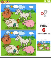 differences game with cartoon farm animal characters group