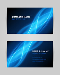 Fototapeta premium Abstract business card with blue waves vector template. Blue geometric lines futuristic gradient dance. Creative trendy textures in muted colors. Modern fantastic branding with opening tracery.