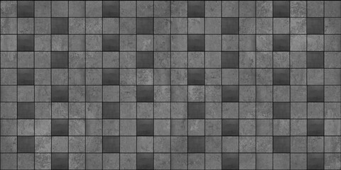 Seamless grunge grey gray square mosaic concrete cement stone wall tiles pattern texture wide background banner panoramic panorama