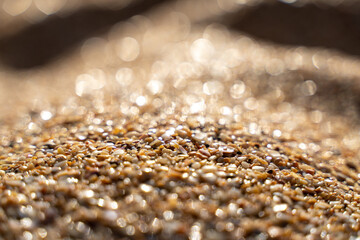 Golden sand on the coast at sunset with bokeh