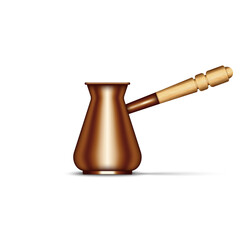 A copper cezve for to make Turkish coffee. Realistic 3d vector household utensil object isolated on the white background. Coffee maker ibriki with a wooden long-handled.