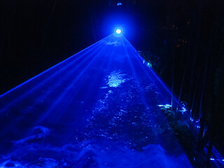 A blue neon glowing image is projected on the water in a dark park at night. Laser show. Blurred...