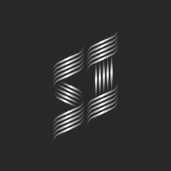 Smooth curves curls initials SI or IS union letters logo monogram, linked two letters S and I for boutique emblem, weaving thin metallic silver gradient parallel lines.