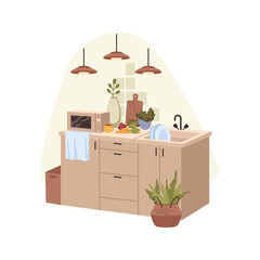 Interior of kitchen, countertops with sink and microwave oven for cooking. Lamps and decoration, accessories and furniture in store for household styling. Vector in flat style illustration