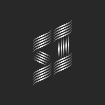Smooth curves curls initials SI or IS union letters logo monogram, linked two letters S and I for boutique emblem, weaving thin metallic silver gradient parallel lines.