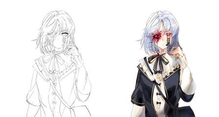 Cute fashionable anime girl. Digital illustration. coloring book.