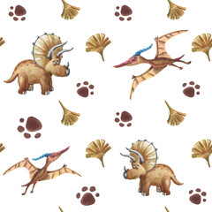 Watercolor brown dinosaur with plants. Seamless pattern. Cute triceratops, pterodactyl © lyubovyaya