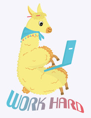 Work hard lama. Cute busy character working on a laptop. Flat vector illustration