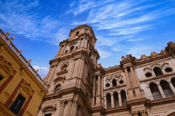 Symmetrical fragment of architecture of the Cathedral Tower. The Cathedral of Malaga is a national landmark. Old Town of Malaga, Andalusia, southern Spain, Europa.