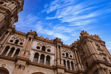 Symmetrical fragment of architecture of the Cathedral Tower. The Cathedral of Malaga is a national landmark. Old Town of Malaga, Andalusia, southern Spain, Europa.
