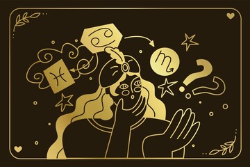 Girl thinks about the compatibility of the signs of the zodiac. Golden symbol with frame. Drawing up a horoscope according to the natal chart. Consultation of clients. Flat style vector illustration.