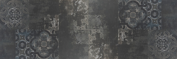 Fototapeta premium Old black anthracite gray grey vintage worn geometric arabesque shabby mosaic ornate patchwork motif porcelain stoneware tiles stone concrete cement wall texture background panorama