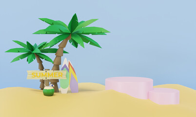3d render summer sale template with summer sale signboard, surfboard, young coconut, product podium and palm tree. Island vacation concept